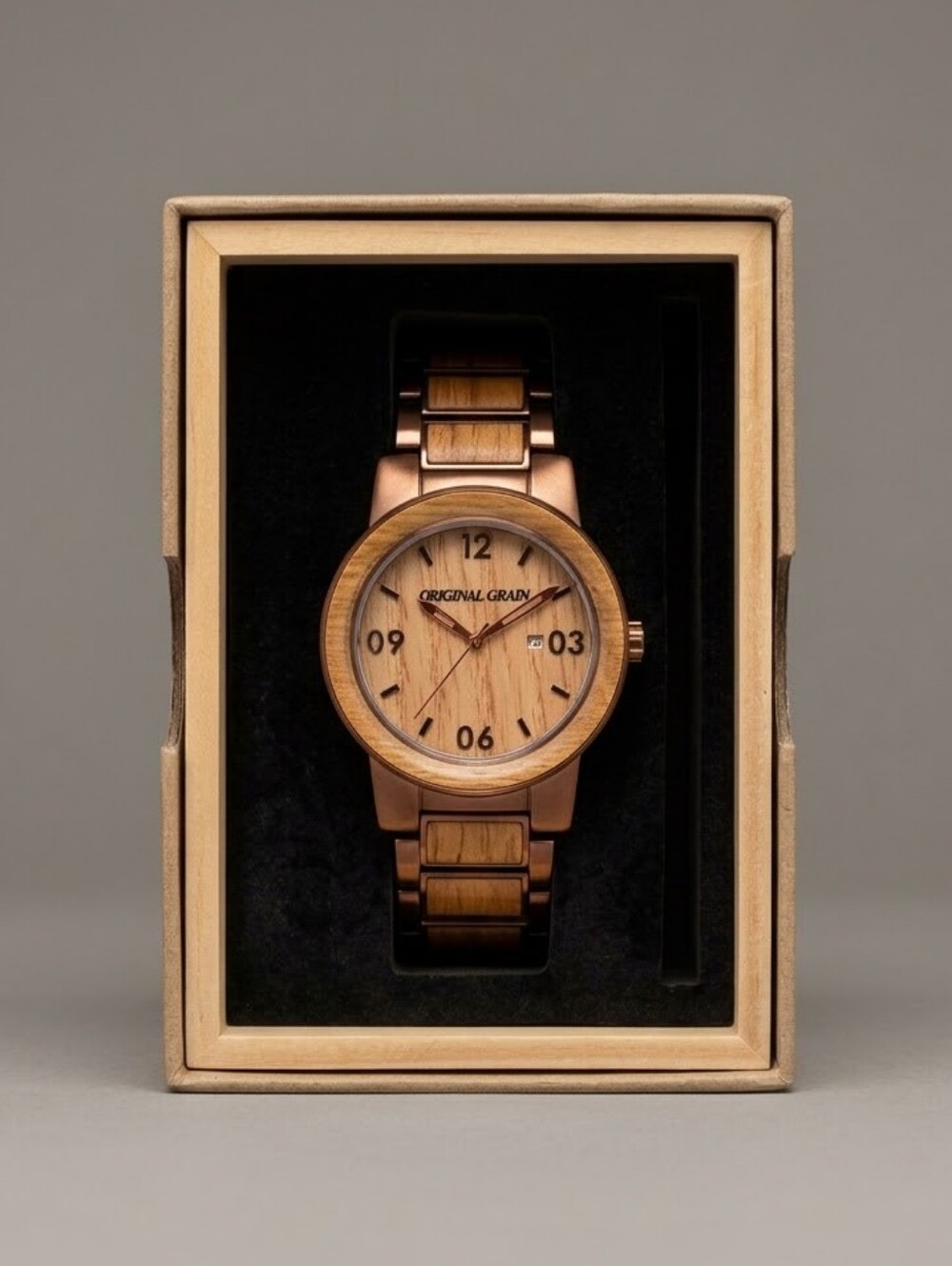 Original Grain Whiskey/Espresso Quartz Date Wood Grain Dial Watch w/ Box Manual